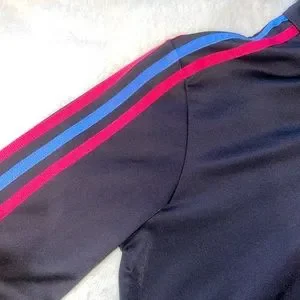 black adidas jacket with purple stripes